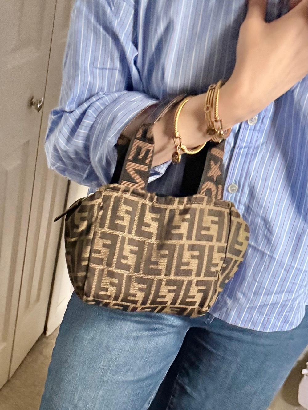 Fendi Beige and Brown FF Logo Mini Shoulder Bag with Web Strap
